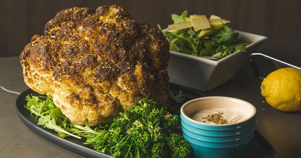 Zaatar Spice Crusted Baked Cauliflower with Zesty Tahini Sauce