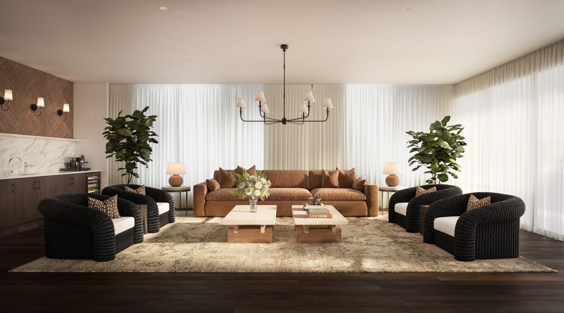 Elegant resort-style lounge featuring a tan sofa, black curved armchairs, timber coffee tables, soft neutral furnishings and floor-to-ceiling curtains, with warm lighting and indoor greenery.