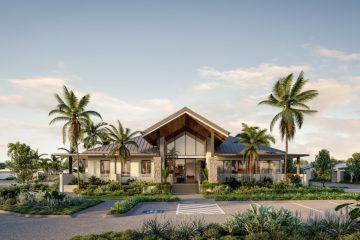 Artist’s impression of a modern Living Gems Country Club featuring expansive glass windows, a striking pitched roof, tropical palm trees and beautifully landscaped gardens.