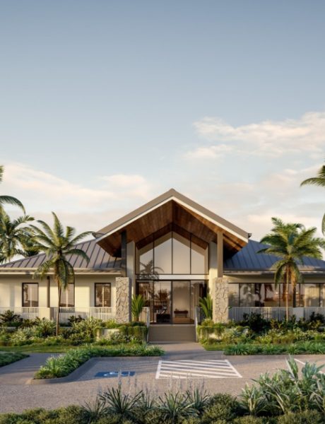Artist’s impression of a modern Living Gems Country Club featuring expansive glass windows, a striking pitched roof, tropical palm trees and beautifully landscaped gardens.