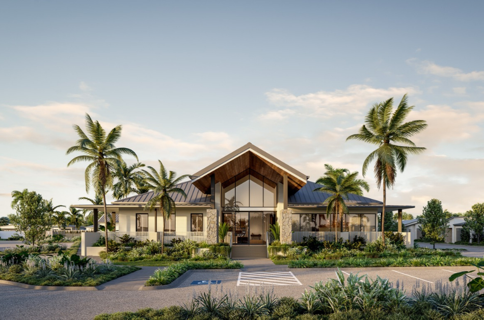 Artist’s impression of a modern Living Gems Country Club featuring expansive glass windows, a striking pitched roof, tropical palm trees and beautifully landscaped gardens.